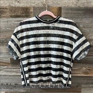 Zara Black and White Stripe Floral Lace Semi Sheer Top Size Small